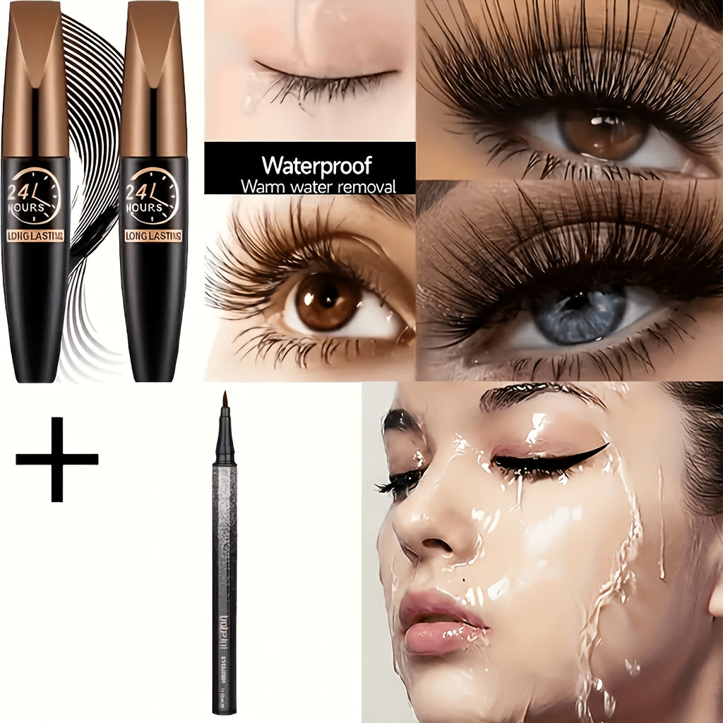 8D Fiber Mascara Set 2 Pcs Volumizing Lengthening Smudge-Proof Waterproof Lash Extension, for Makeup, Travel and Everyday Vanity Use