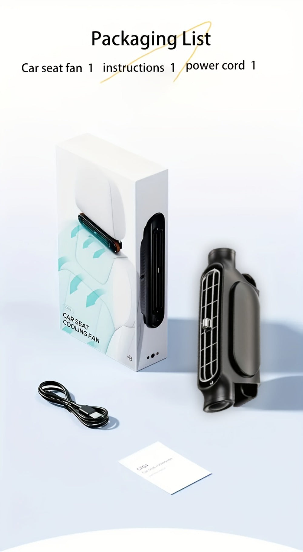 Bladeless Car USB Fan – 3-Speed Silent Cooling, Fits All Vehicles, Car Seat Fan with USB Charging Cable, Black & White