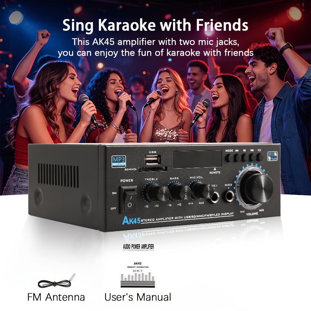 400W Bluetooth 5.0 Stereo Amplifier Receiver AK45, 2-Channel Home Audio Power Amp with Karaoke, FM Radio, USB MMC SD Card
