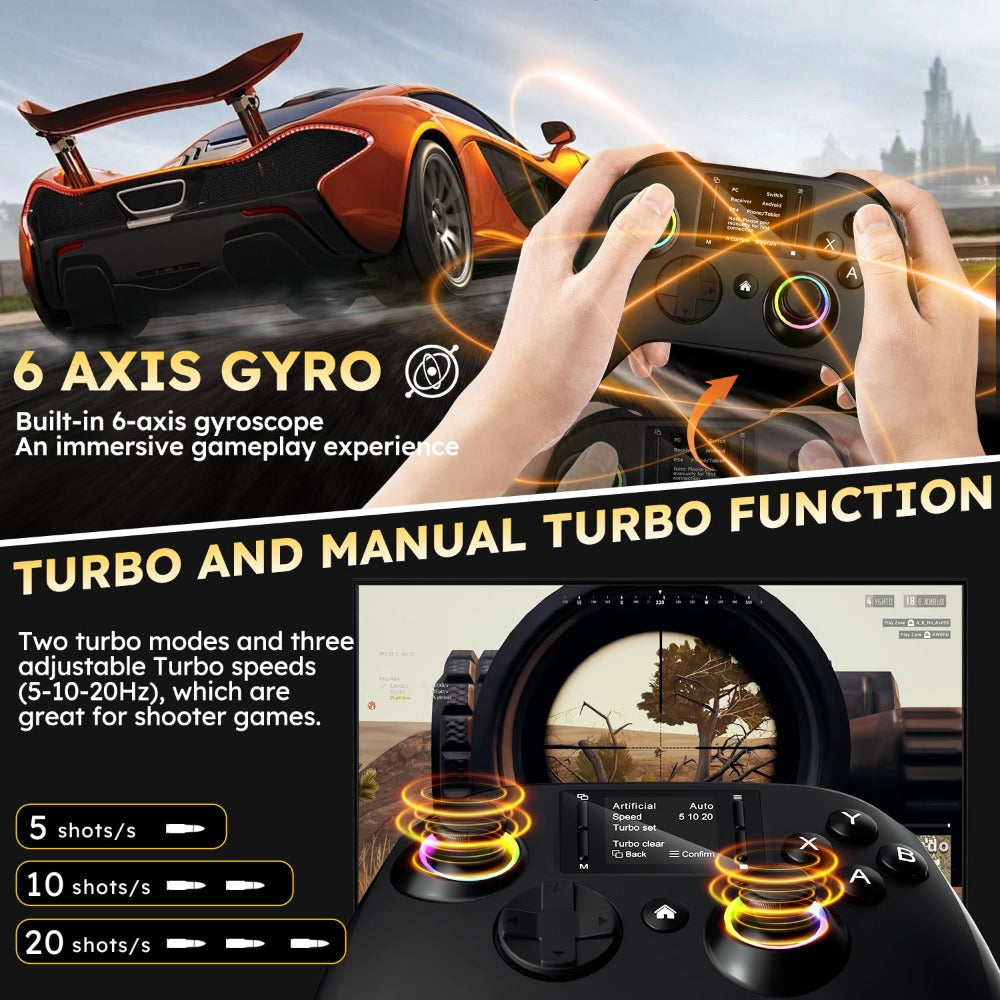 Touchscreen Wireless Gaming Controller in Black with Four Back Buttons and Optional Detachable Phone Bracket