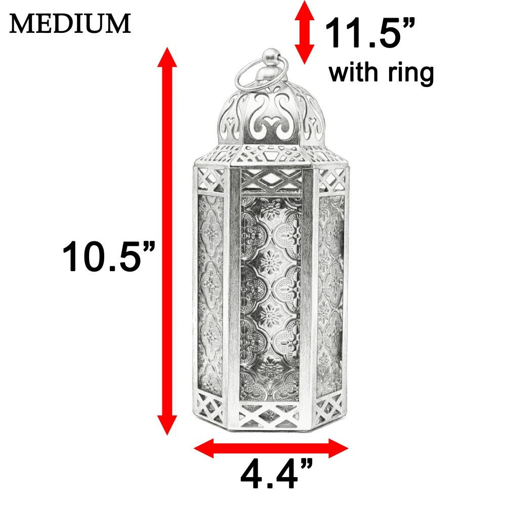 Moroccan Candle Lantern Holder - Decorative Metal & Glass Lantern with Embossed Floral Design for Indoor Home Decor