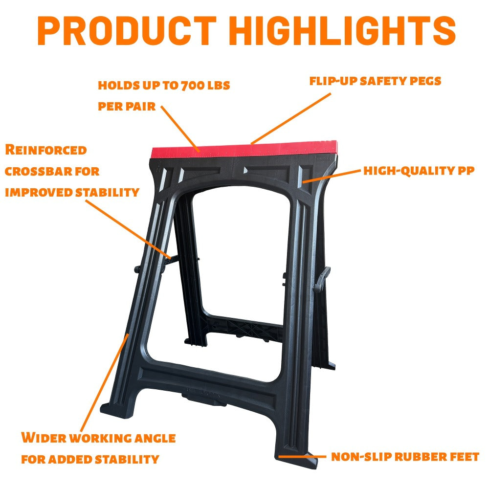 Folding Sawhorse 2 Pack Portable Work Support Horses Foldable Steel Saw Horse Set with Legs for Workshop Garage DIY Projects