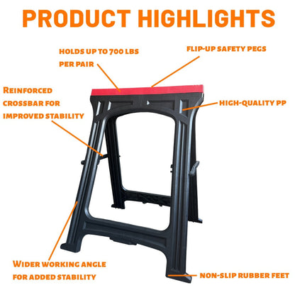 Folding Sawhorse 2 Pack Portable Work Support Horses Foldable Steel Saw Horse Set with Legs for Workshop Garage DIY Projects