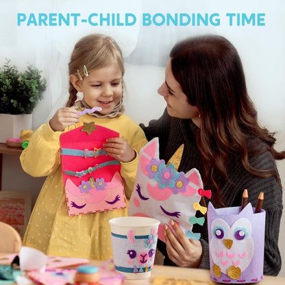 Kids Sewing Kit for Beginners 7 Felt Craft Projects, Pre-Punched Holes Safe Needles Mini Pillow Keychain Card Holder Cup Sleeve