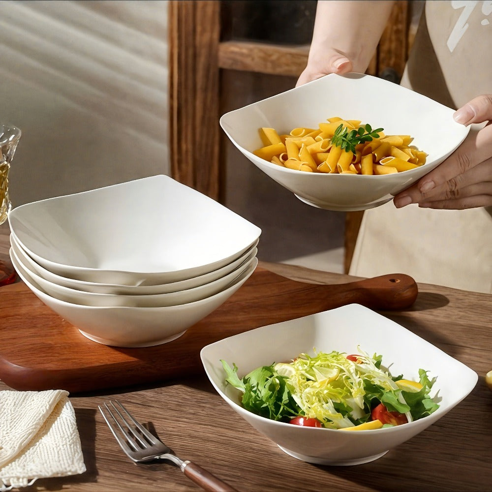 Salad Bowl and Plate Set 4/8/16 Piece – Reusable White PP Plastic Microwave Safe Stackable Lightweight Tableware for Picnic Outdoor Party
