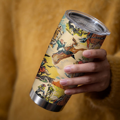 Insulated Tumbler 20oz Cowboy Western Graphic in Yellow Stainless Steel with Lid and Straw