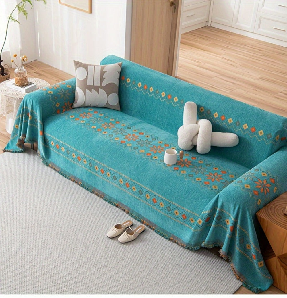 Sofa Cover Bohemian Embroidered Chenille Knit Throw with No Padding in Four Sizes and Five Colors