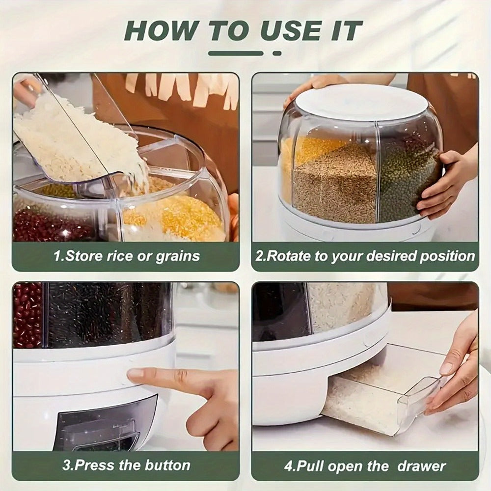 Food Storage Container Rotating Grain Dispenser with Six Compartments, Clear Dome and Front Drawer Outlet