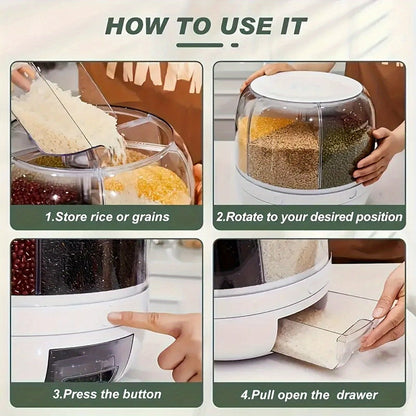 Food Storage Container Rotating Grain Dispenser with Six Compartments, Clear Dome and Front Drawer Outlet