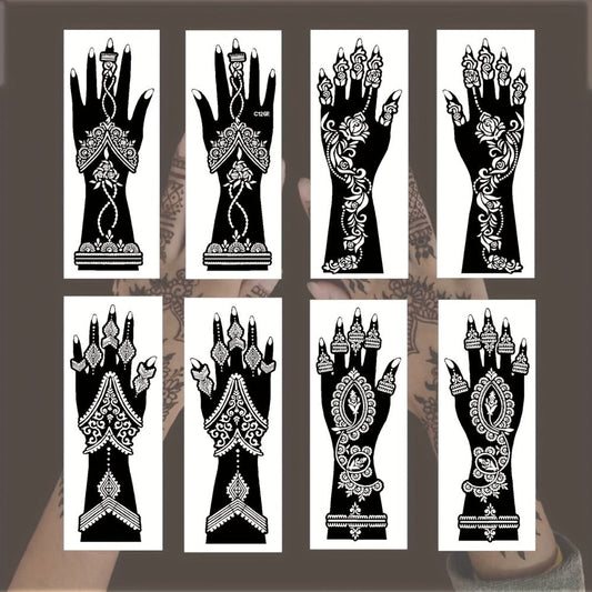 Eight-Piece Hand Tattoo Stencil Set with Long Henna-Style Floral Patterns in SM012 or SM013
