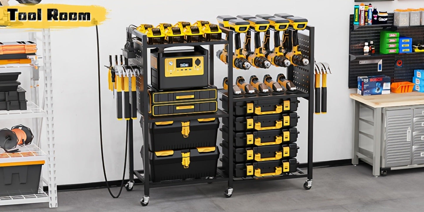 Mobile Tool Cart with Charging Station, 12 Drill Holders & 5 Storage Shelves Power Tool Organizer