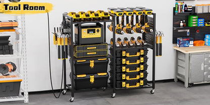 Mobile Tool Cart with Charging Station, 12 Drill Holders & 5 Storage Shelves Power Tool Organizer