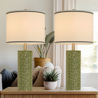 Table Lamp with Ceramic Textured Base, Drum Shade, 9W LED Bulb, Five Colors and Three Color Temperatures