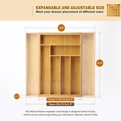 Bamboo Drawer Organizer Expandable Adjustable 9-Compartment Silverware Tray Cutlery Utensil Holder for Kitchen Drawer Office Desk Bedroom