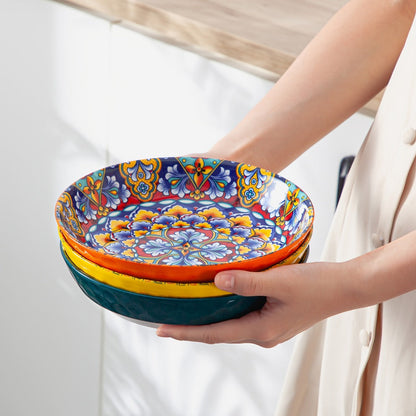 Bohemian Pasta Bowls Set of 6, 32 Oz Porcelain, Floral Pattern, Microwave &, VANCASSO for Entryways, Bedrooms and Living Spaces