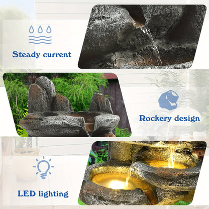 Outdoor Water Fountain 6-Tier Cascading Garden Fountain with LED Lights, Pump & Rocky Peak Decor
