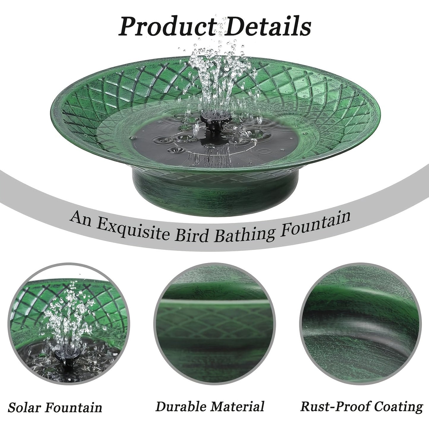 Bird Bath Solar Fountain 12.6" Green Metal Bowl Garden for Garden, Patio and Yard Use, with the Listed Configuration