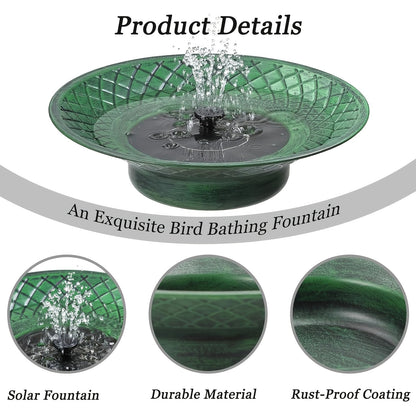 Bird Bath Solar Fountain 12.6" Green Metal Bowl Garden for Garden, Patio and Yard Use, with the Listed Configuration