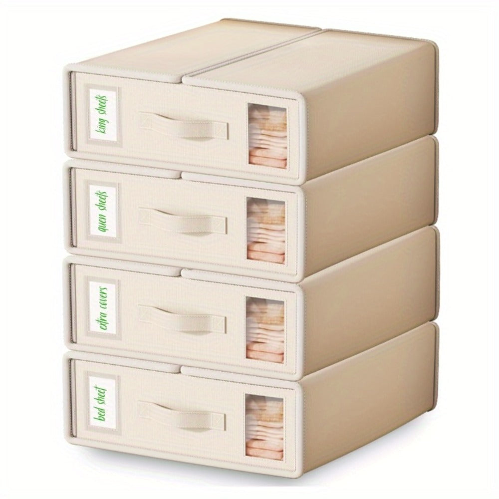 Four-Pack Bed Sheet Storage Boxes with Clear Windows, Labels and Oxford or Nonwoven Fabric Options