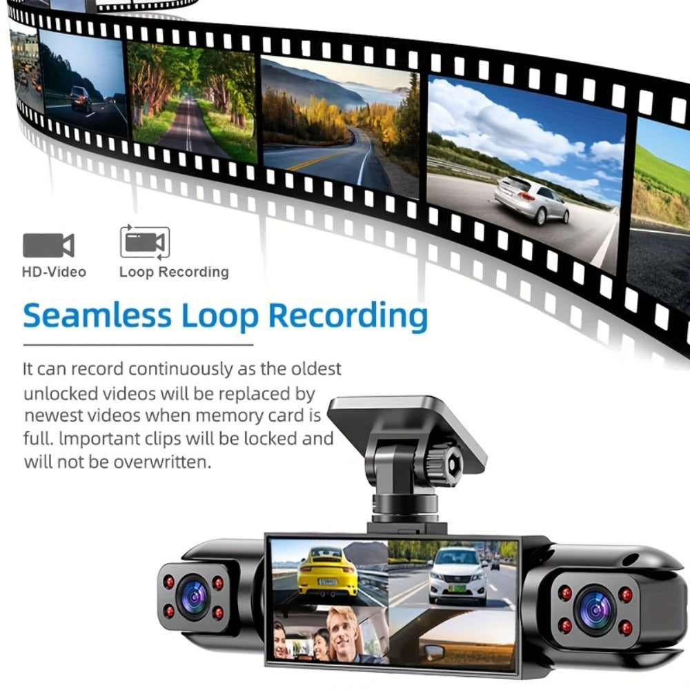 360° Panoramic Dash Cam 3 & 4 Lens 1080P HD Front + 720P Rear Left Right, Quad-Split Screen, HD Night Vision WDR G-Sensor Loop Recording