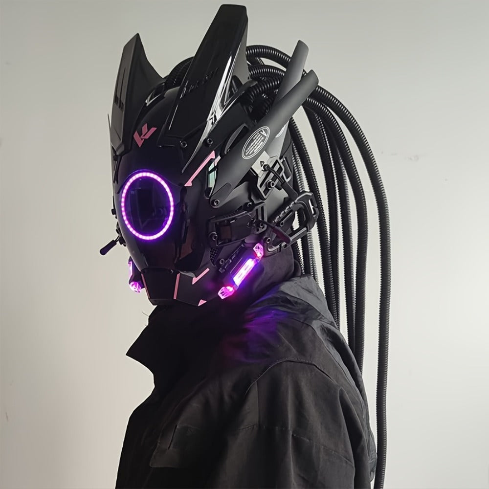 LED Cyberpunk Samurai Mask with Braids, Futuristic Sci-Fi Mechanical Face Mask for Halloween, Cosplay