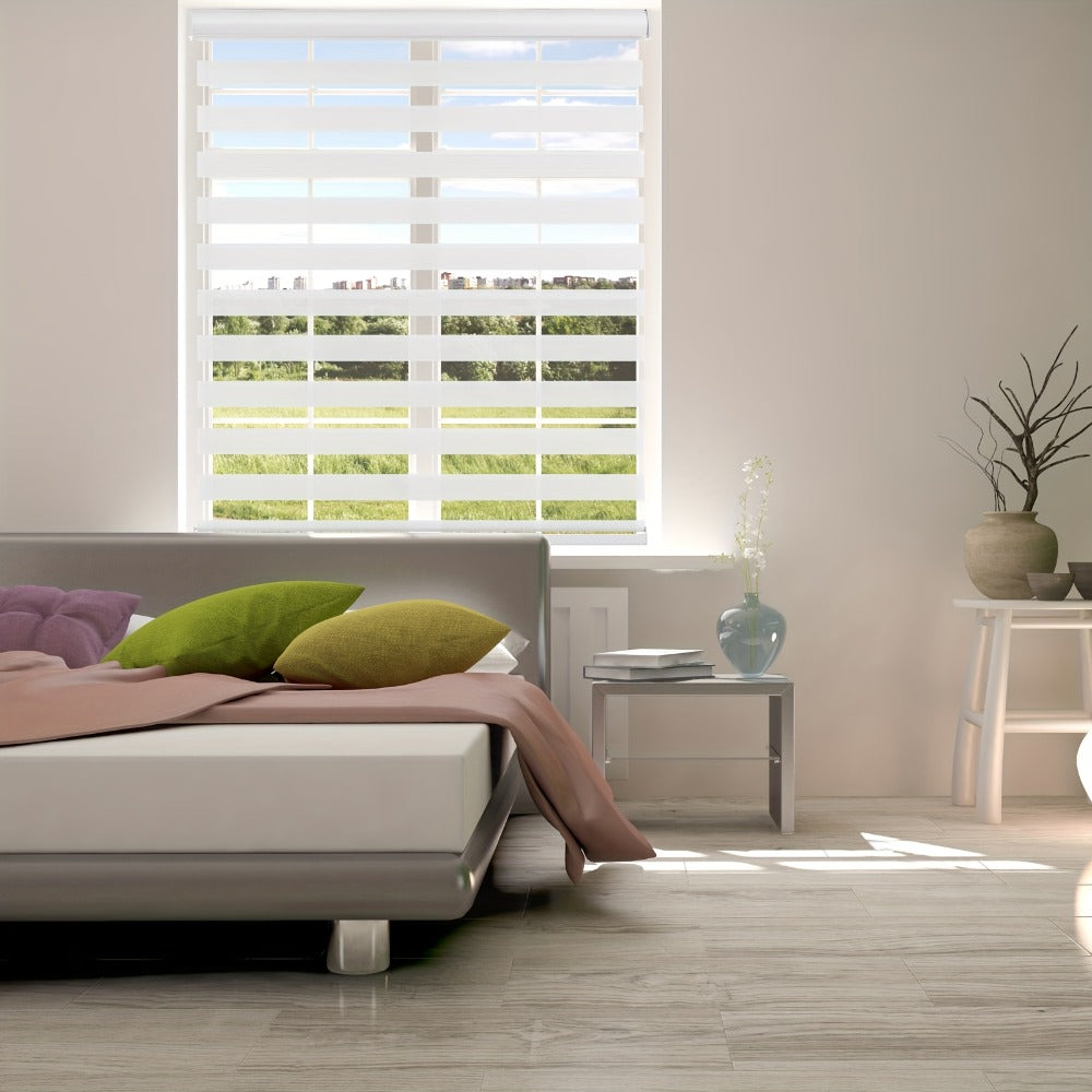 Cordless Zebra Roller Shade with Valance, Day Night Window Blind, Dual Layer Window Treatment Mesh Opaque Fabric