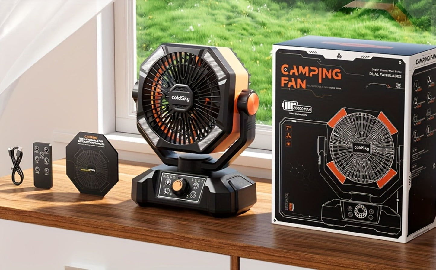 Camping Fan Battery Powered 20000mAh, Dual Motor 8-Speed Portable Tent Fan with Remote Control, 4 LED Lanterns and Hanging Hook