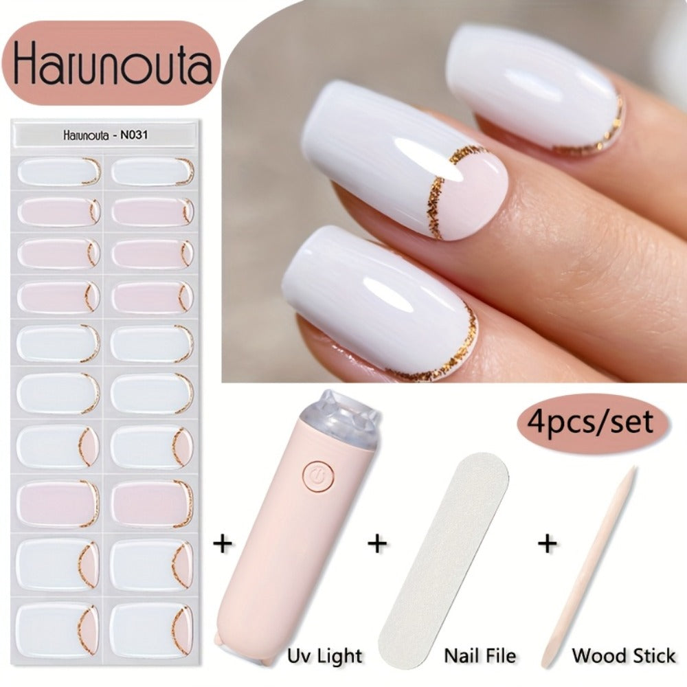 Semi Cured Gel Nail Strips Kit with Handheld LED Nail Lamp, 20 Real Gel Nail Stickers Wraps for DIY Nail Art