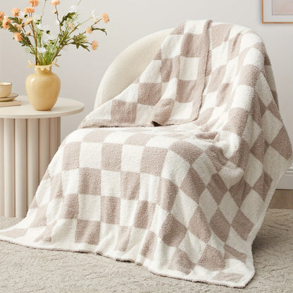 Jacquard Knit Checkered Blanket, Cozy Fluffy Plaid Throw for Couch, Bed & Sofa, All Seasons, 4 Colors