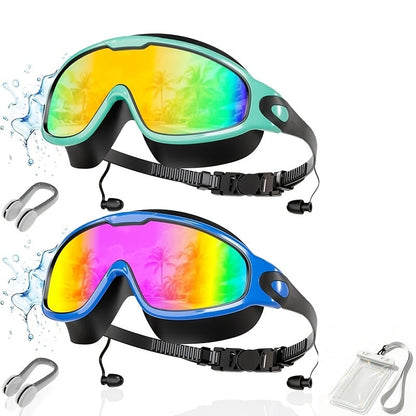 Anti-Fog Swimming Goggles Wide View UV Protection Swim Goggles for Adults Men Women Youth – Mirrored Lens with Earplugs Nose Clip