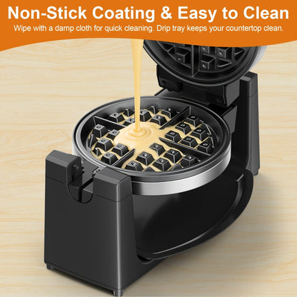 Rotating Waffle Maker with Round Plates, Browning Dial and Silvery, Double-Iron or Black-and-White Options