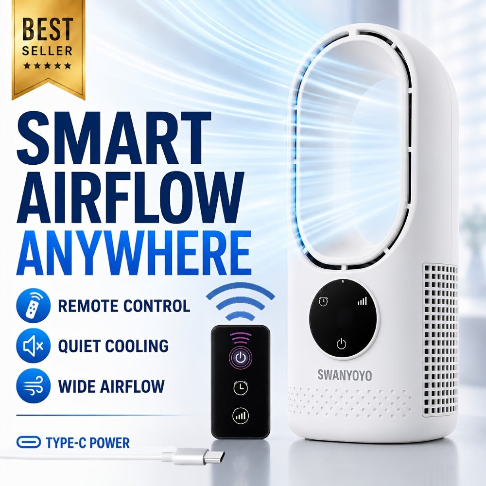 Portable Fan USB-Powered Bladeless Tower Model with Water Mist, Remote, Touch Controls and LED Light