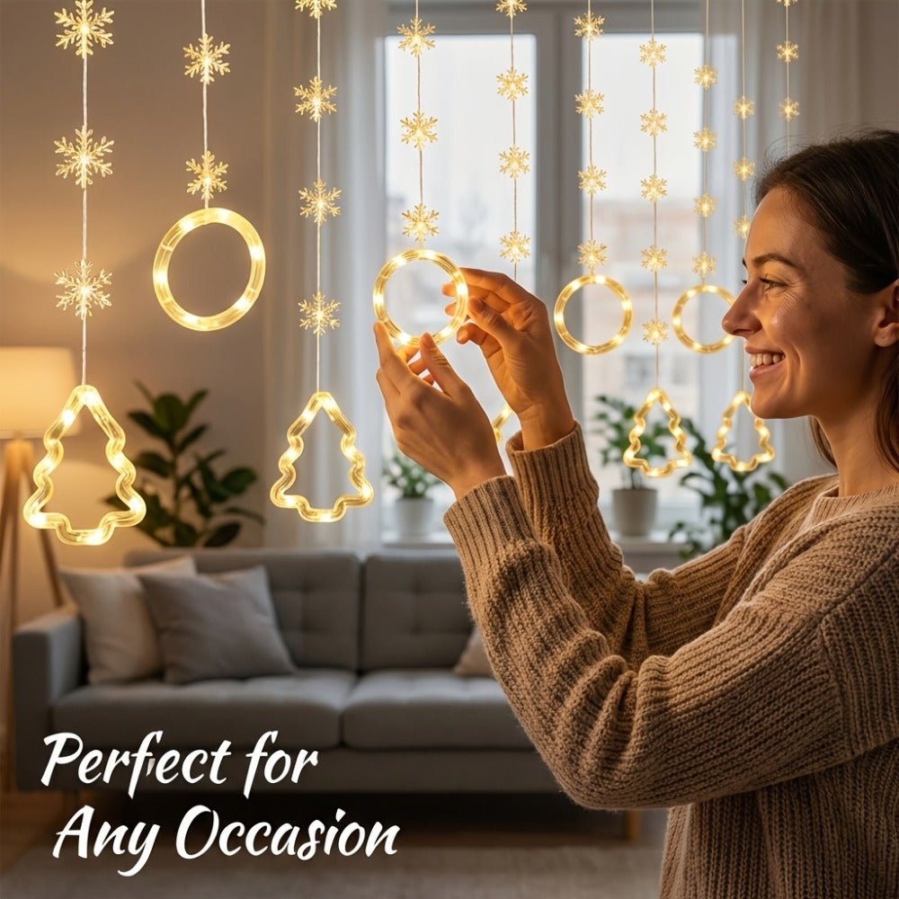 String Lights, 118-Inch USB Holiday Curtain with Ten Snowflake or Star-and-Tree Drops for Indoor Display