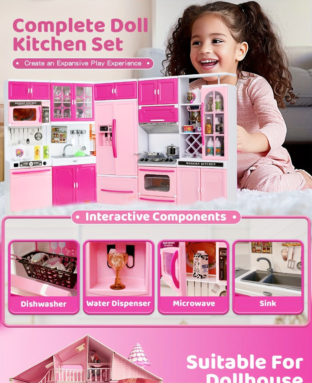 Pink Kitchen Toy Set 64pcs with Lights & Sounds, Mini Furniture Doll Playset for Girls, Pretend Play Kitchen Accessories