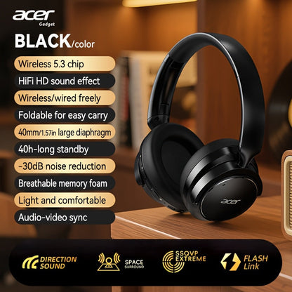 Acer OHR560 Over-Ear Headphones with Bluetooth 5.3, 40mm Drivers, ANC and ENC Labels, Foldable Earcups and AUX