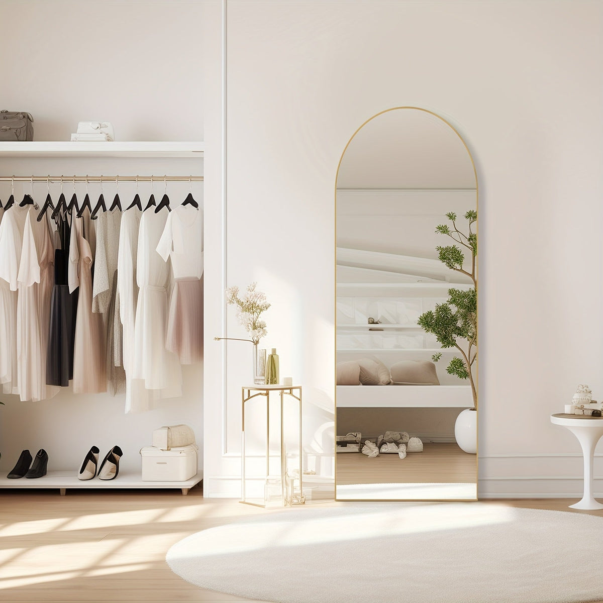 Full-Length Floor Mirror in 59 × 16 or 64 × 21 Inch Arched and Rectangular Black or Gold Frame Options