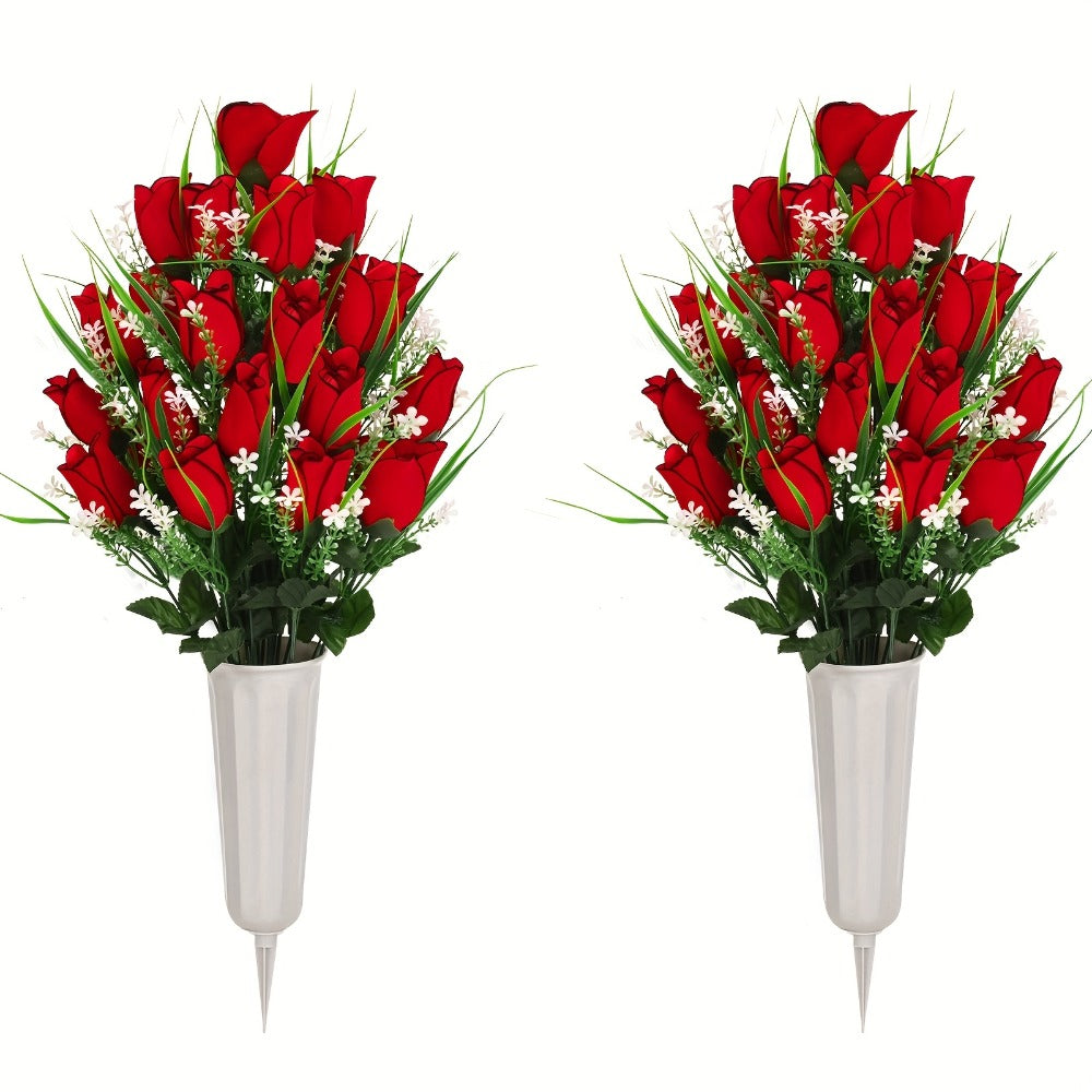 Artificial Flowers Silky Red Rose Memorial Set with Top Saddle, Side Vases or Three-Piece Option