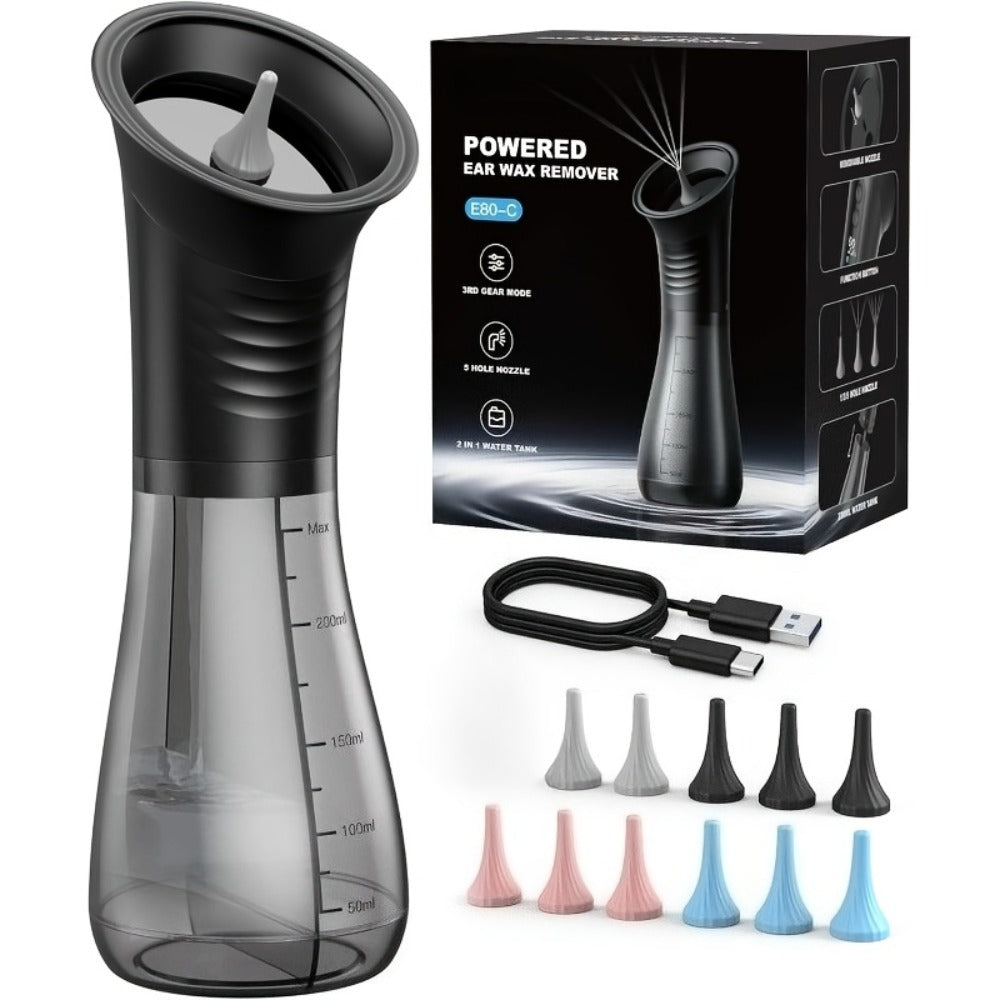 Electric Ear Wax Remover Rechargeable - LED Battery Display, 3 Pressure Levels, Integrated Waste Water Tank