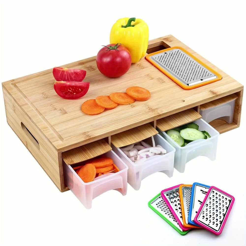 Bamboo Cutting Board with Food Container, Cheese Grater & Juice Groove – Large Wooden Chopping Board Set with Storage Box