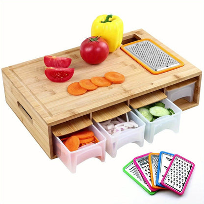 Bamboo Cutting Board with Food Container, Cheese Grater & Juice Groove – Large Wooden Chopping Board Set with Storage Box