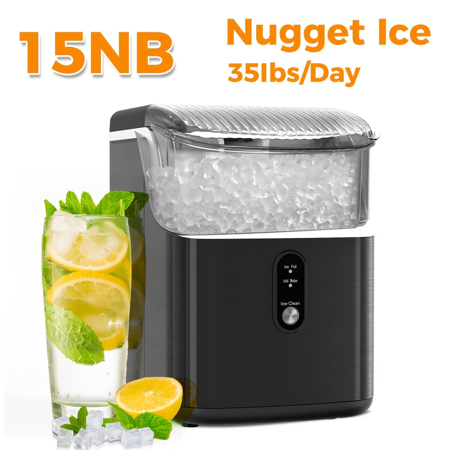 Countertop Nugget Ice Maker in 24hrs, Self-Cleaning Portable Ice Machine with Ice Scoop & Basket