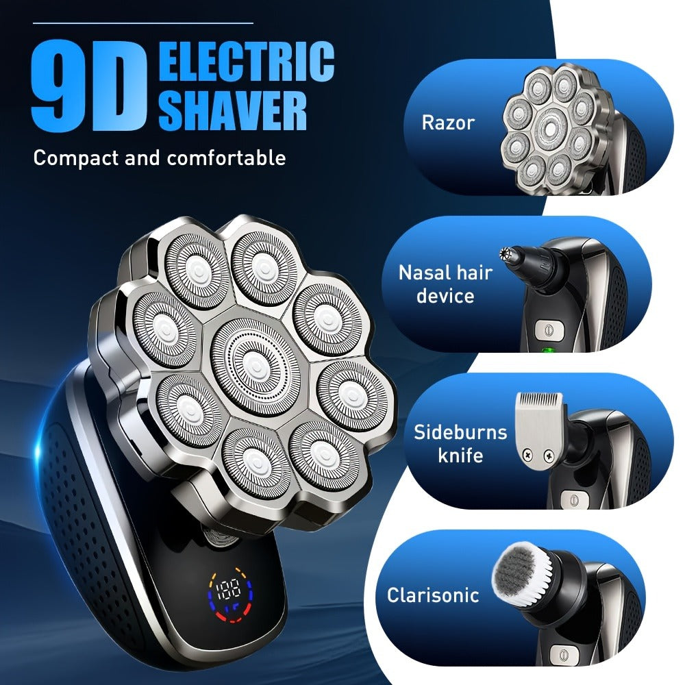 Electric Shaver 5-in-1 Bald-Head Grooming Tool with 7D or 9D Floating Heads and Magnetic Blade Options