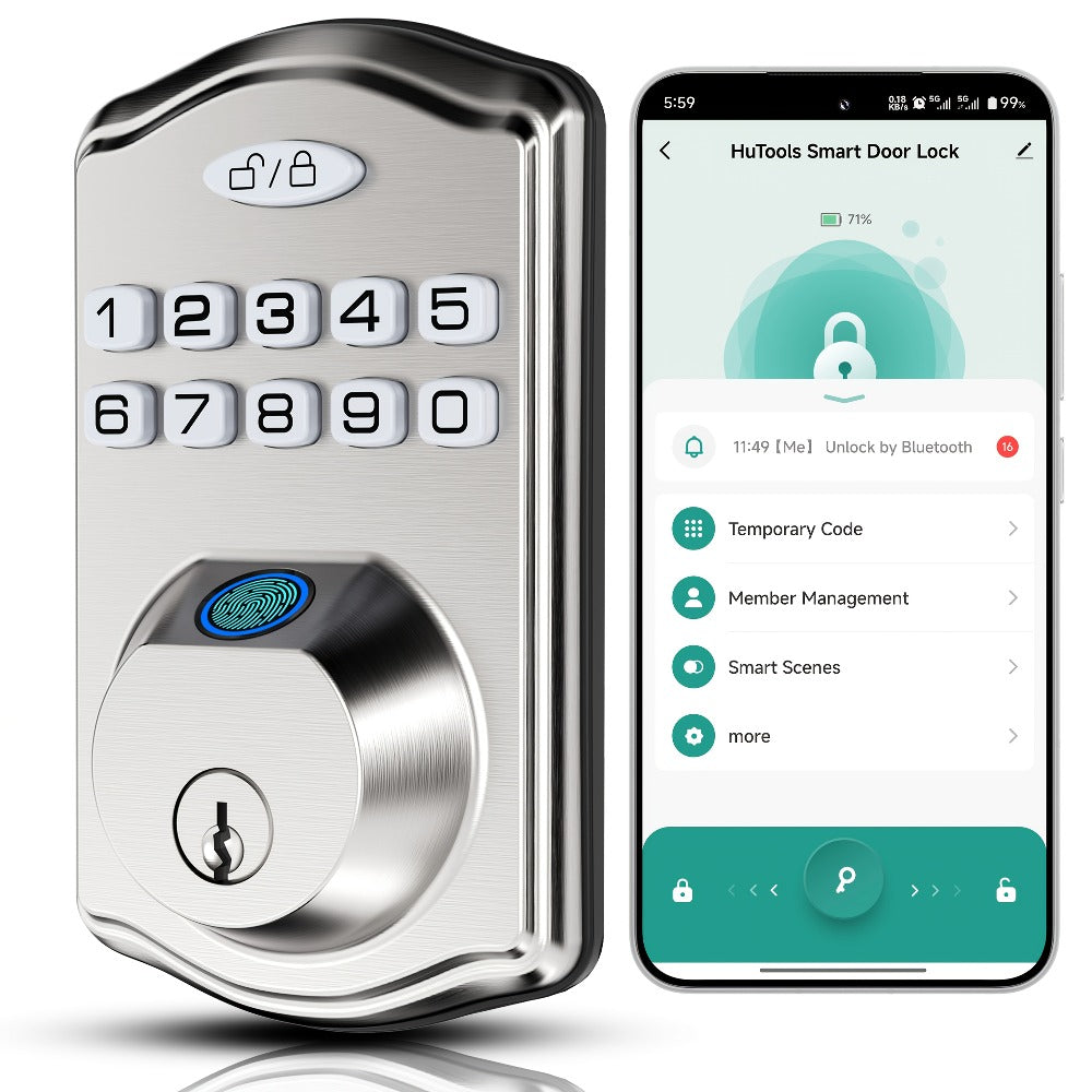 Smart Door Lock Deadbolt with Fingerprint Keypad App and Key Access in Black or Silver Options