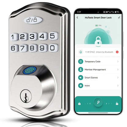 Smart Door Lock Deadbolt with Fingerprint Keypad App and Key Access in Black or Silver Options