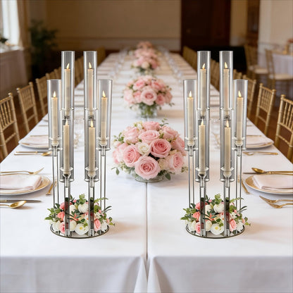 Clear Acrylic Six-Arm Candelabra with 68cm Height, 22cm Round Base and 2-, 4-, 10-, 12- or 20-Piece Options