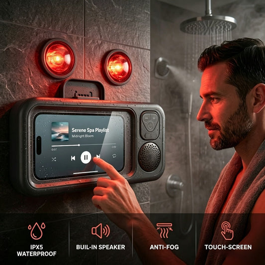 Shower Phone Holder with Bluetooth Speaker Built-In, 360-Degree Rotation Mount, Universal Fit for All Phones