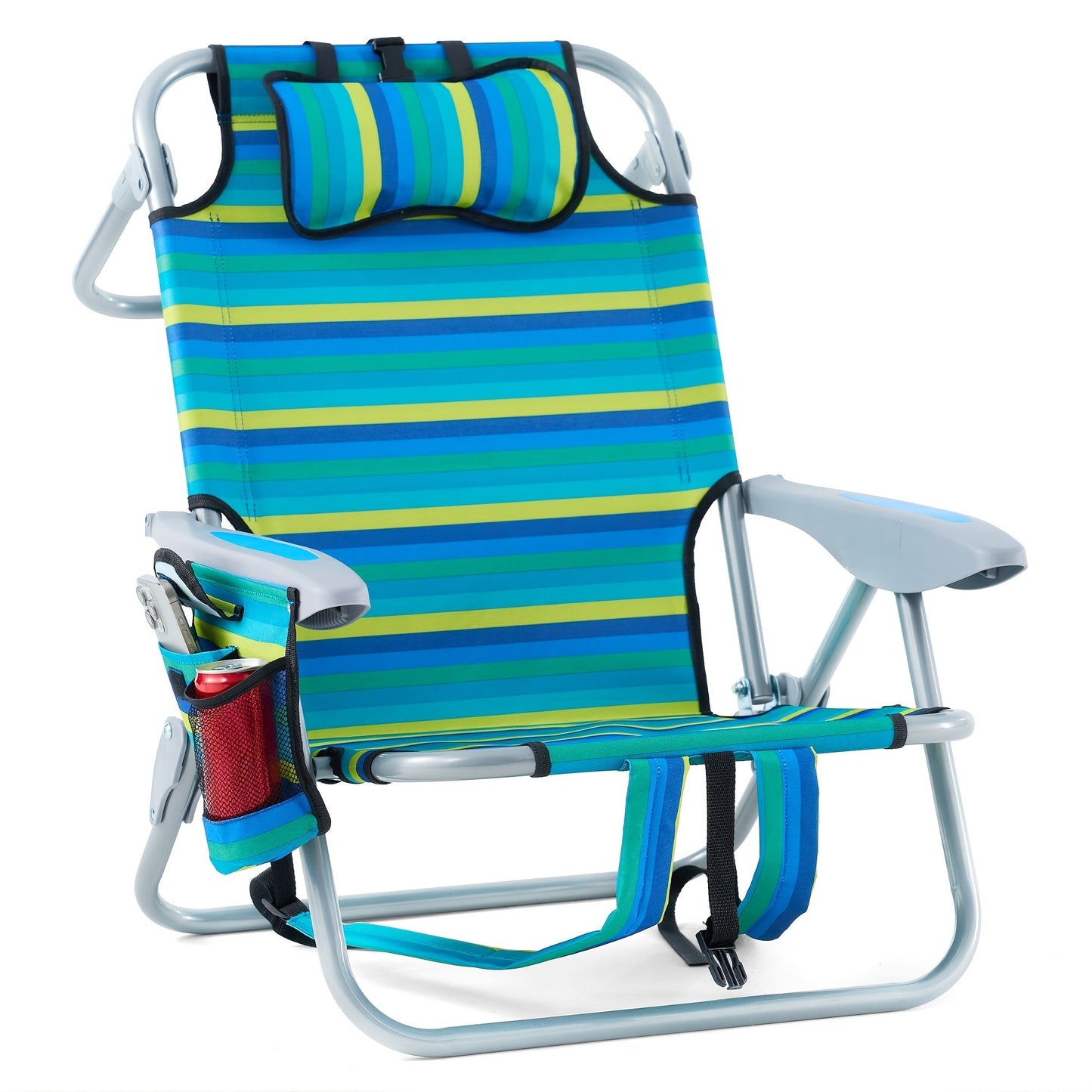 Folding Beach Chair Lay Flat Camping Chair for Adults 4 Position Adjustable Backpack Chair with Cup Holder Towel Bar Cooler Pouch