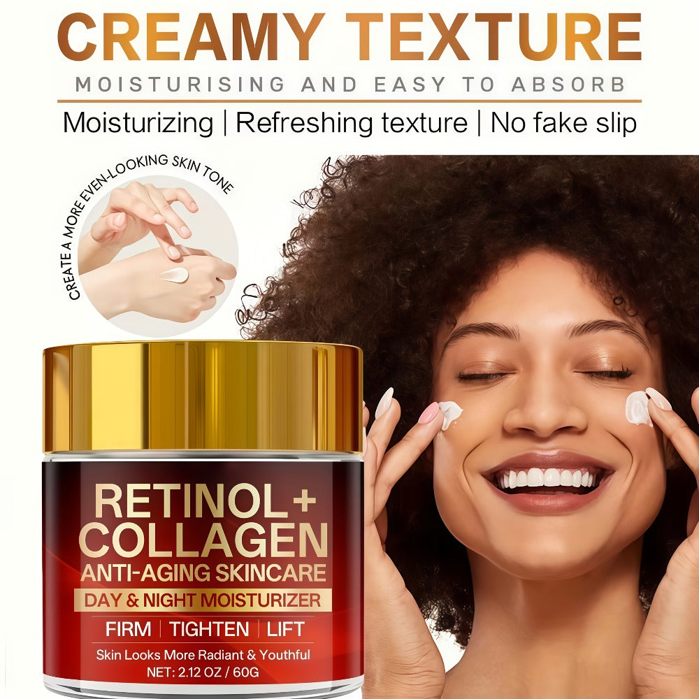 Two-Jar Day and Night Face Moisturizer Set with Retinol + Collagen Package Label and 60 g Jars
