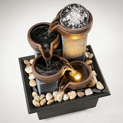 Tabletop Water Fountain Indoor, 4-Level Desktop Waterfall with LED Lights & Natural River Stones