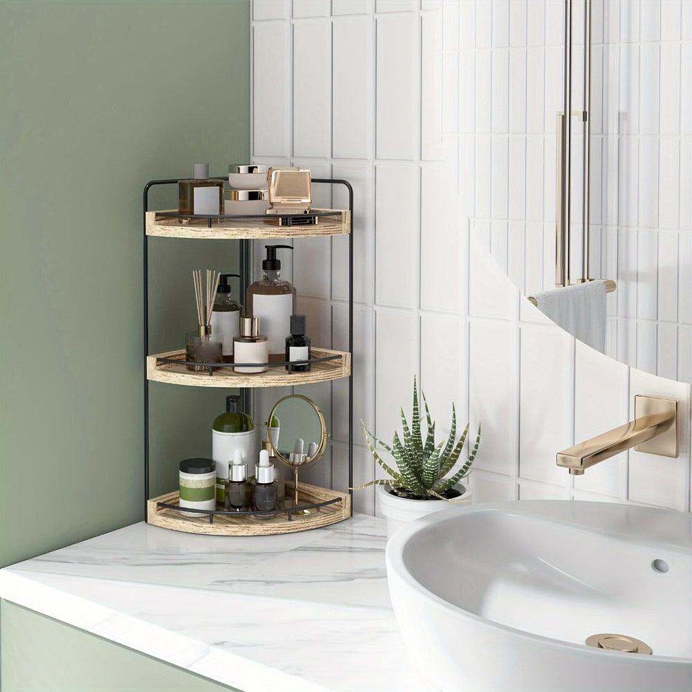 3-Layer Rustic Corner Countertop Storage Rack, 16.93" Wooden Vanity Organizer & Space-Saving Shelf for Bathroom